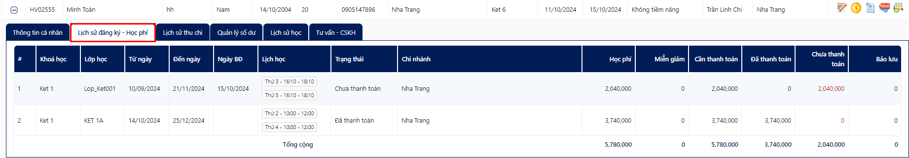 Lịch sử đăng ký - Học phí